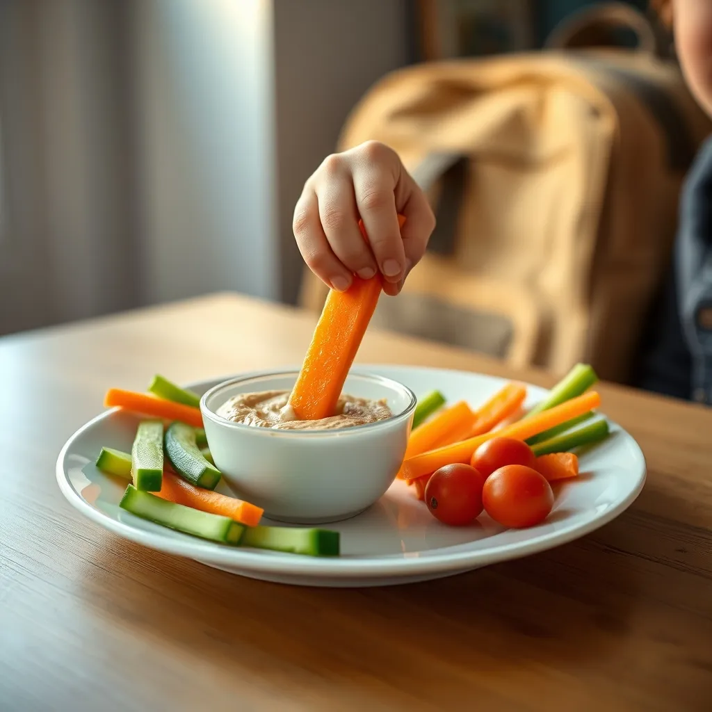 A child enjoying vegetable sticks with hummus as a quick and nutritious after-school snack