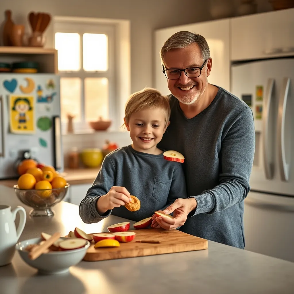 A child helping to prepare apple slices with peanut butter, building healthy snacking habits through involvement in the kitchen
