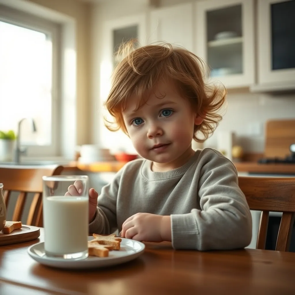 A young child enjoying toast cut into fun shapes during a relaxed morning breakfast