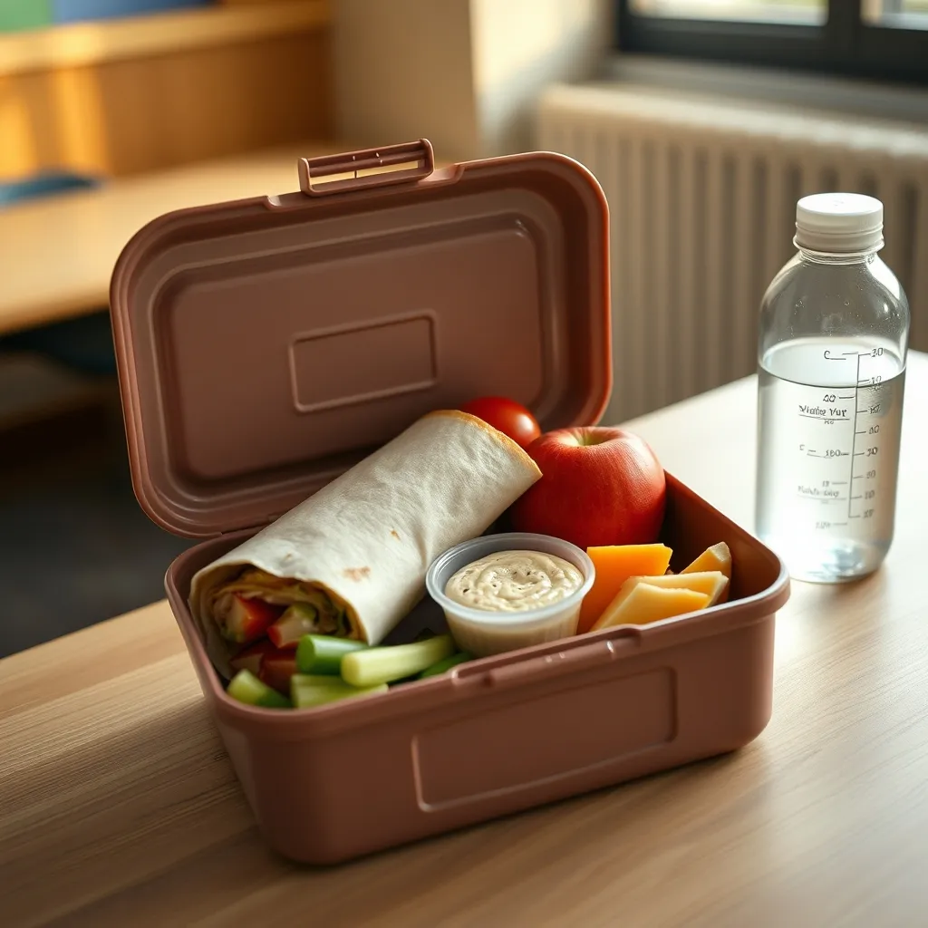 A balanced packed lunch with protein, vegetables, fruit and wholegrains for a school day