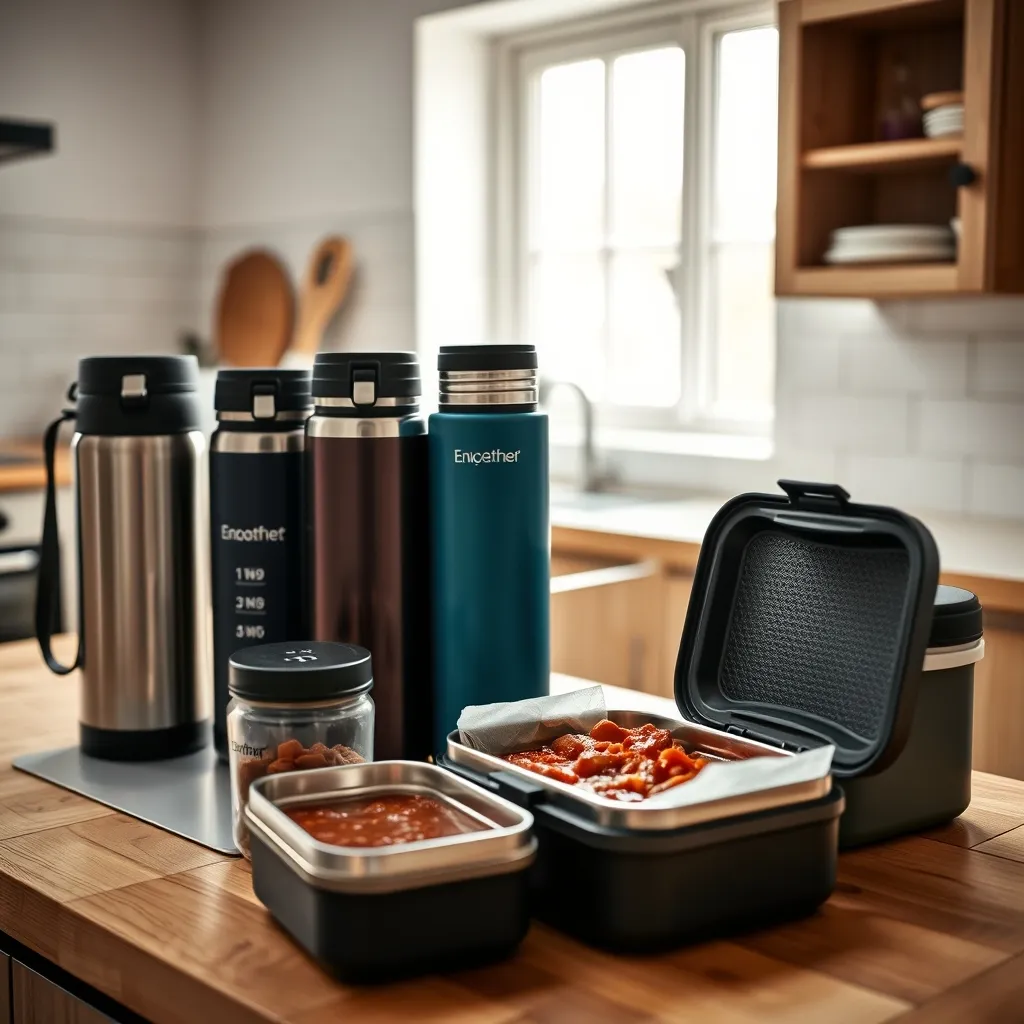 Different types of insulated containers for keeping packed lunches hot throughout the day