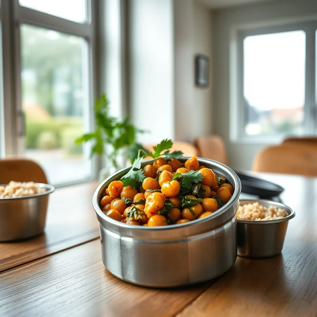 Chickpea and spinach curry packed in a thermos with a side of brown rice