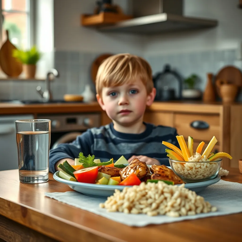 A balanced, child-friendly meal featuring vegetables, lean protein and wholegrains served on a smaller plate