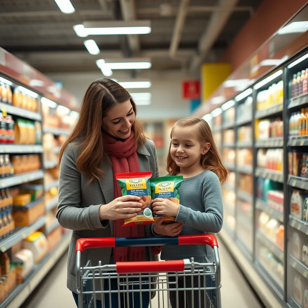 A mother and child comparing food products while shopping in a UK supermarket