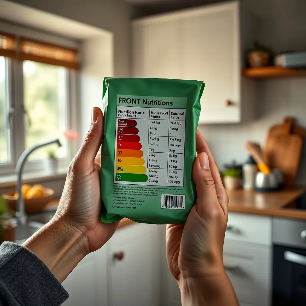 Close-up of a UK traffic light nutrition label showing red, amber and green indicators on a food product