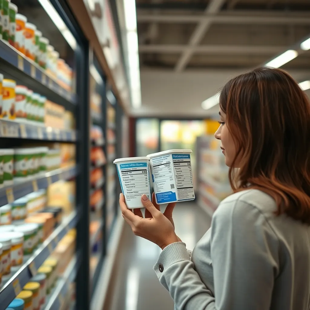 Comparing the nutrition information panels on two yoghurt products in the supermarket dairy aisle