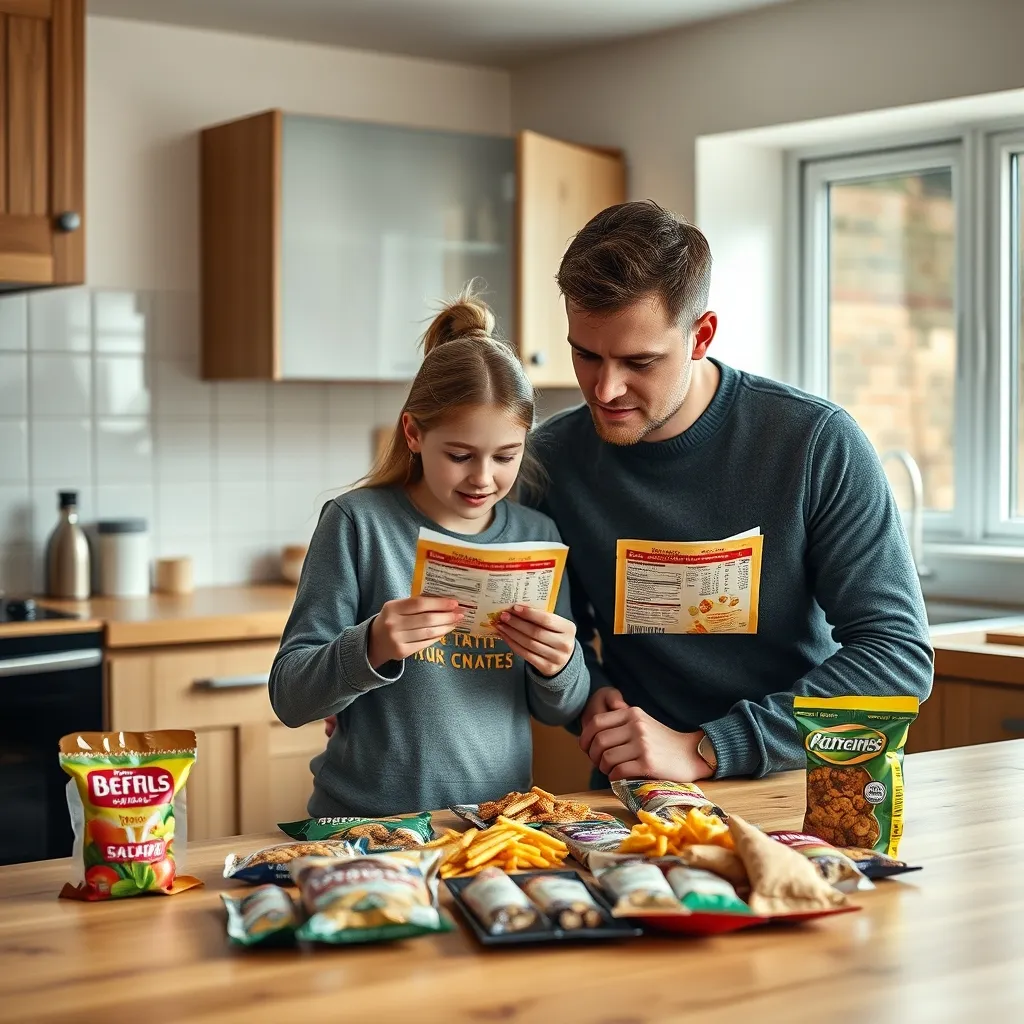 A father and teenage daughter comparing food labels on snack bars together in their kitchen
