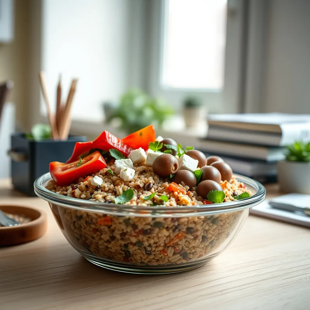 A Mediterranean grain bowl packed with quinoa, roasted vegetables and feta cheese