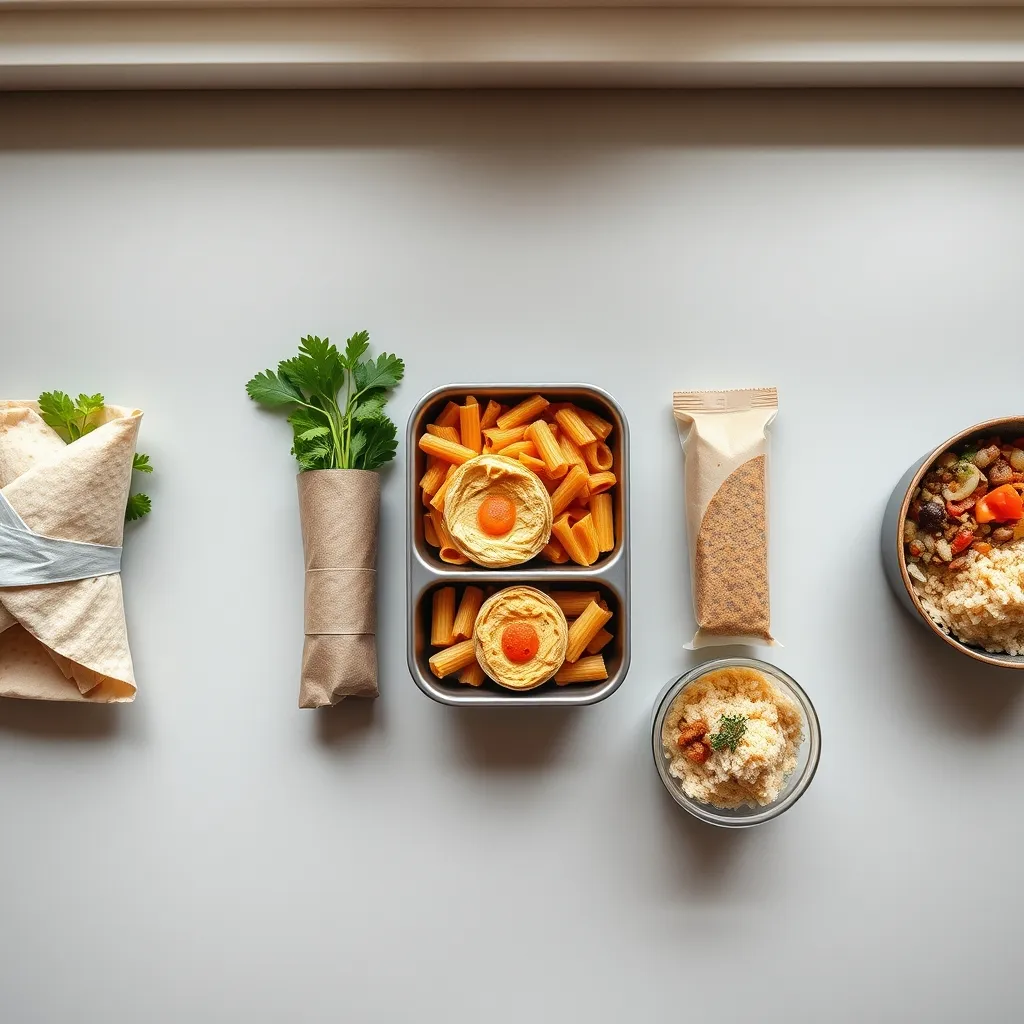 Five sandwich-free packed lunch alternatives laid out for a week of school meals