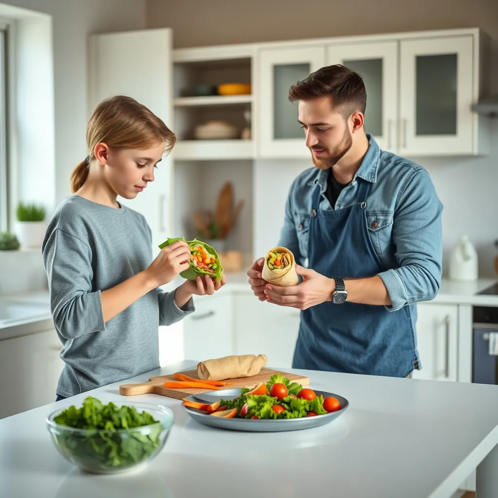 A teenager and parent preparing packed lunches together in a modern kitchen, building healthy habits through shared cooking