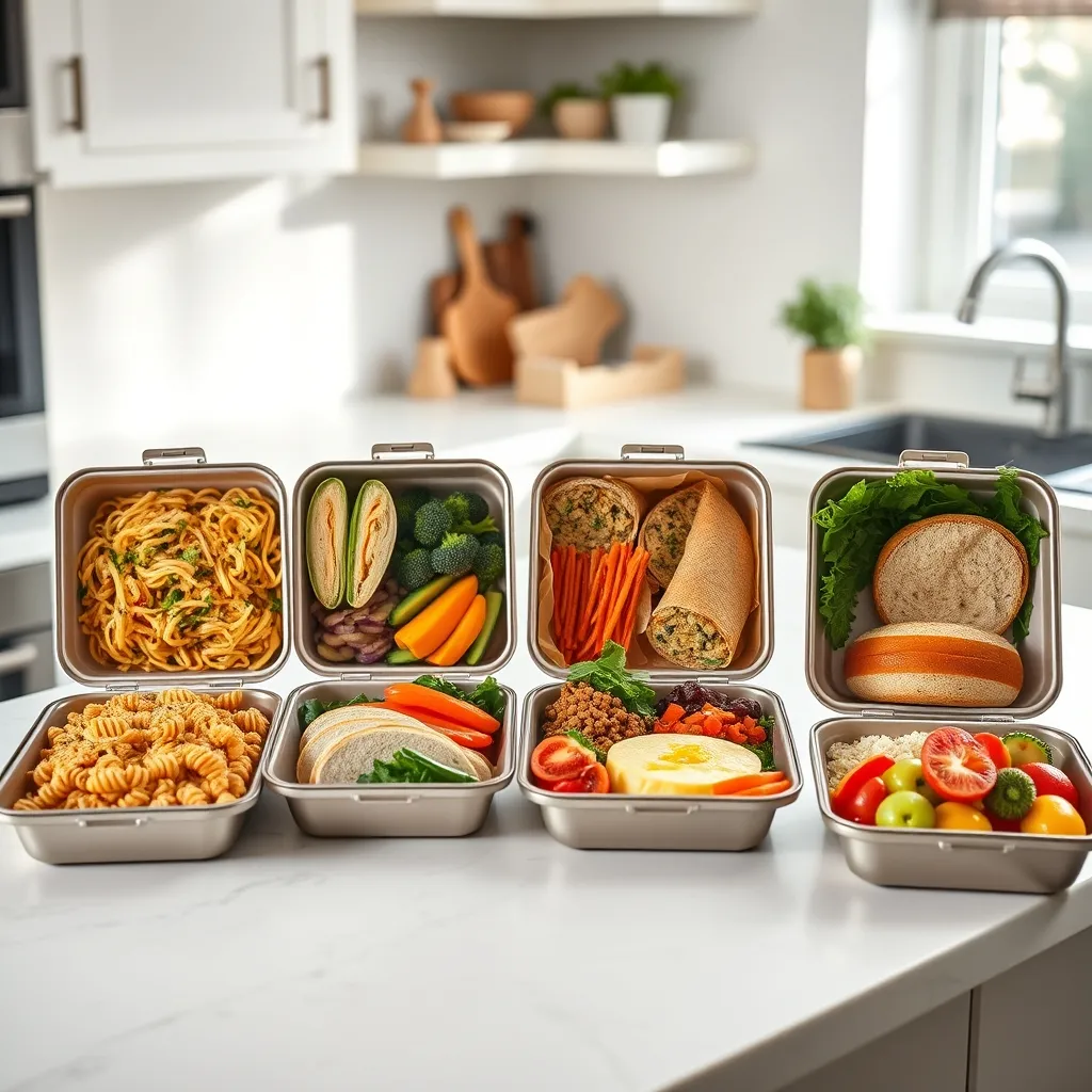 Five different lunch box options showing the variety possible with simple weekly meal prep