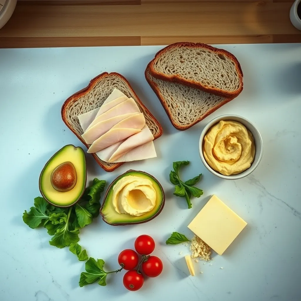 Fresh sandwich ingredients laid out for a week of packed lunch preparation
