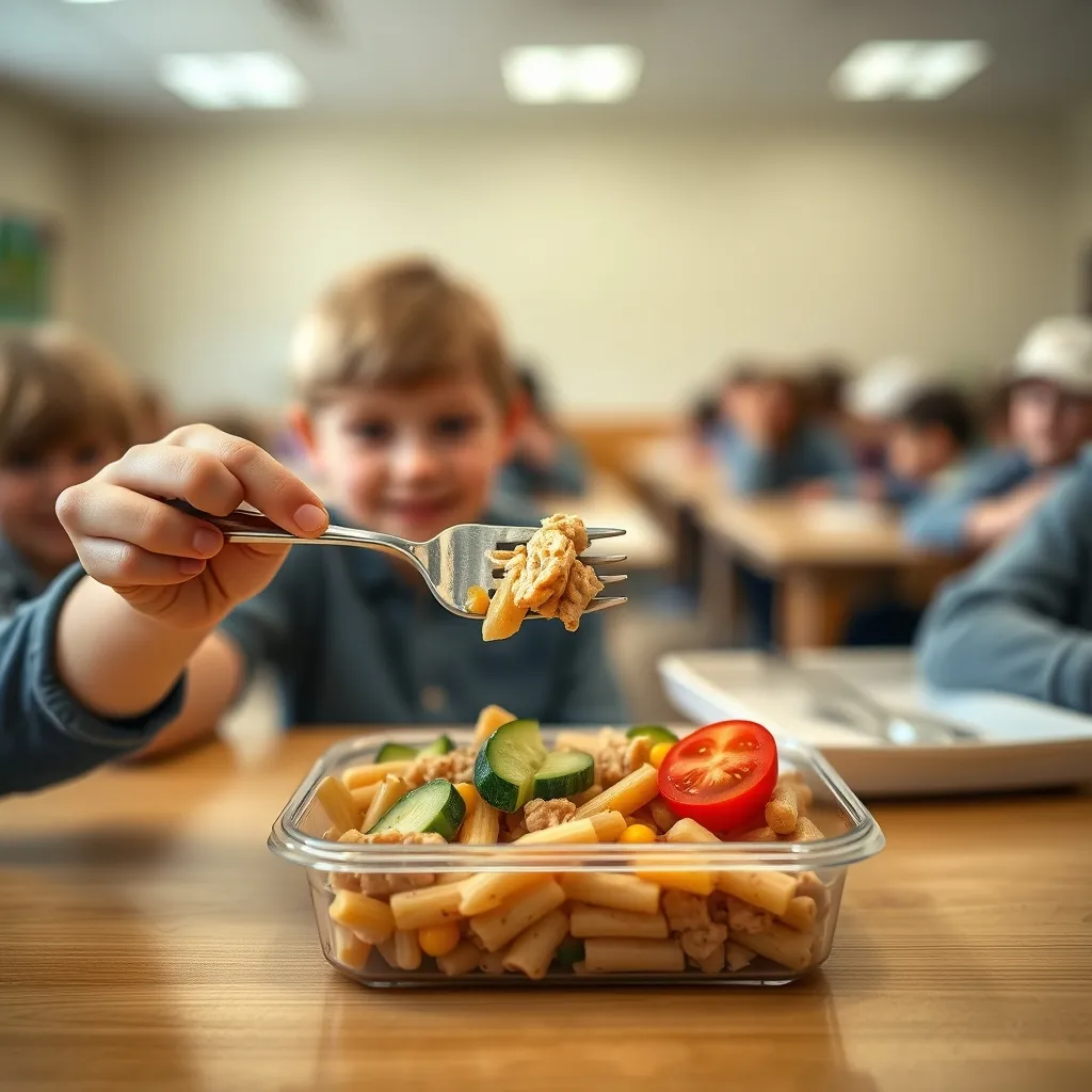 A child enjoying a tuna and sweetcorn pasta lunch at school