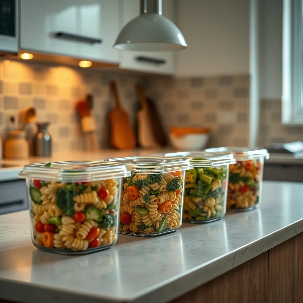 Batch-prepared pasta lunches ready for the school week ahead