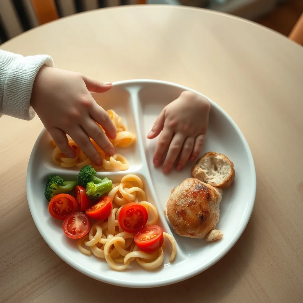 A toddler's plate with age-appropriate portions of carbohydrates, vegetables and protein