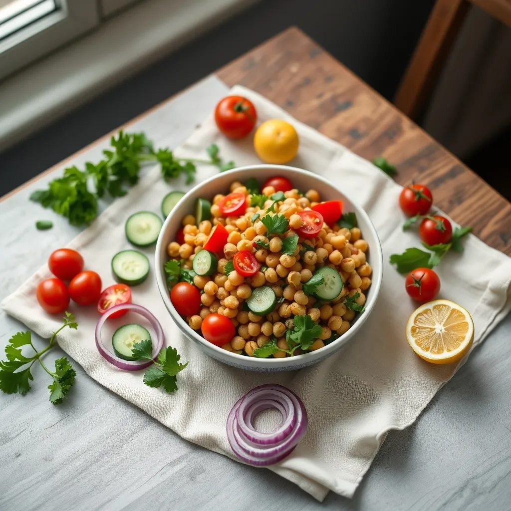 A vibrant Syn-free chickpea salad with fresh vegetables, perfect for a budget-friendly cold lunch
