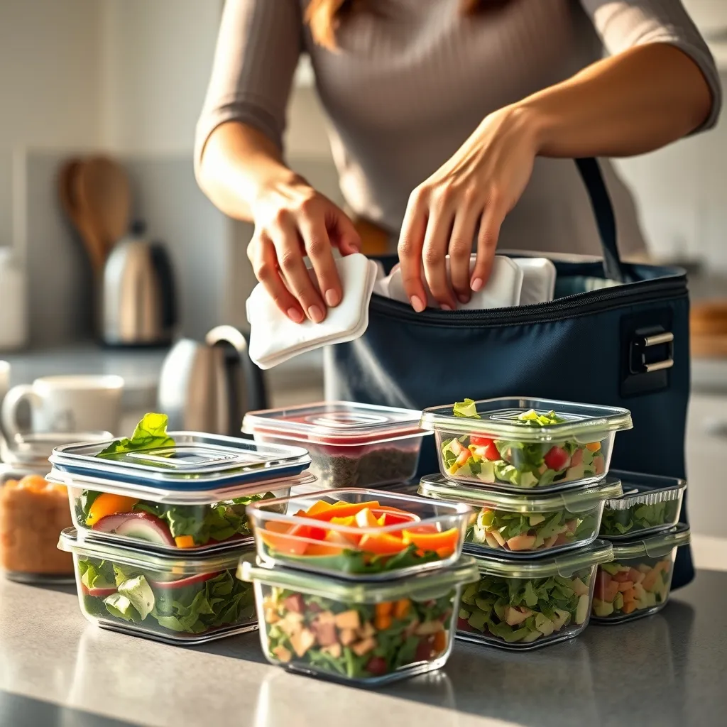Packing an insulated lunch bag with ice packs to keep Slimming World cold lunches safe and fresh