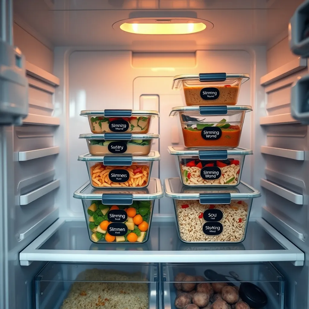 Batch-cooked Slimming World lunches stored in the fridge ready for the working week ahead