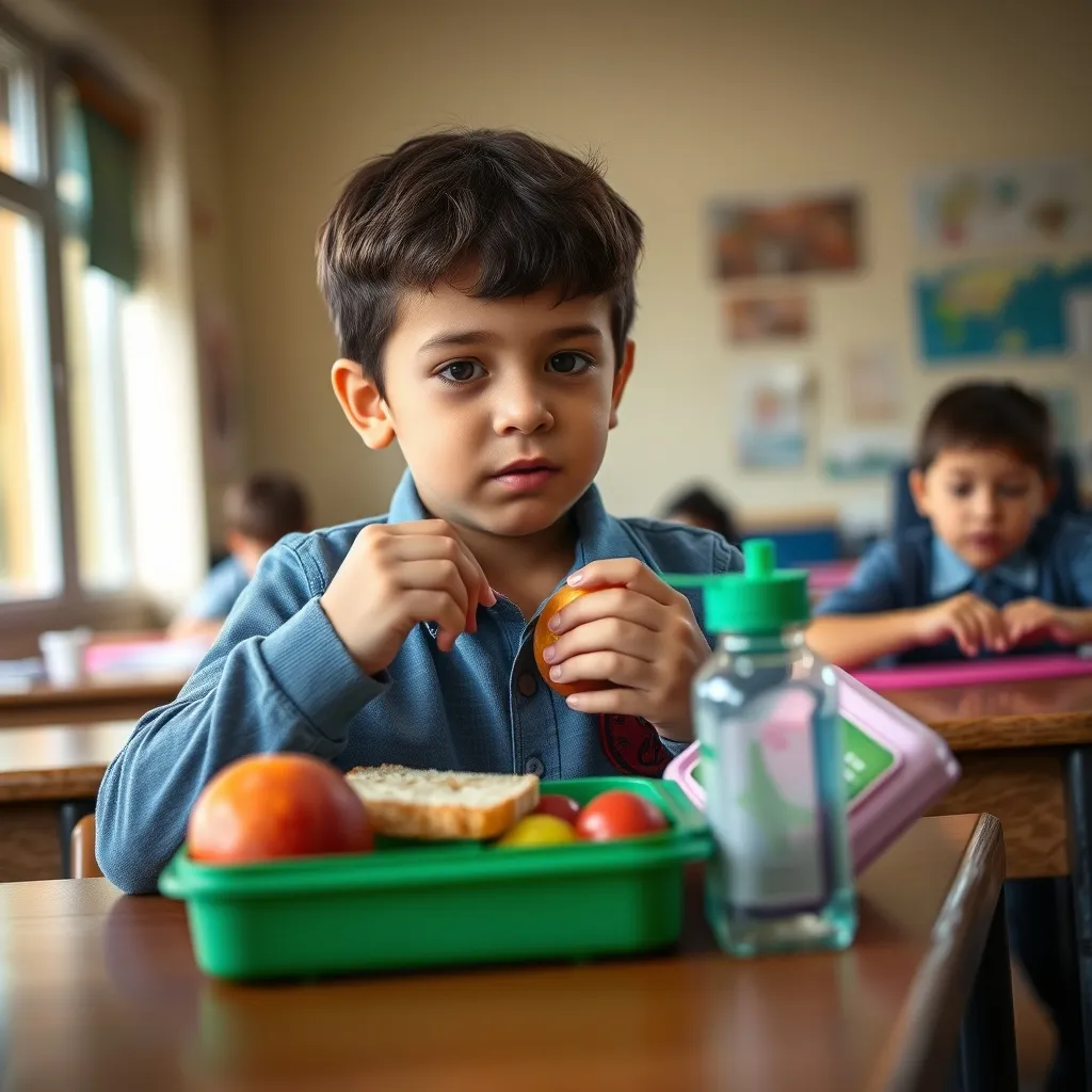 A primary school child enjoying a balanced packed lunch with fruit and water