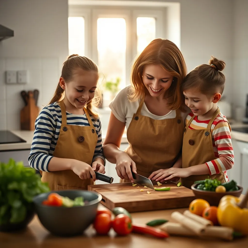 Children helping to prepare a healthy meal at home, building positive food habits through cooking together