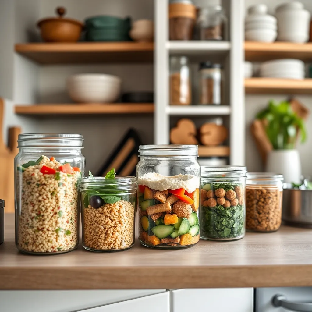 Batch-prepared vegan lunch components stored in glass containers for the week ahead