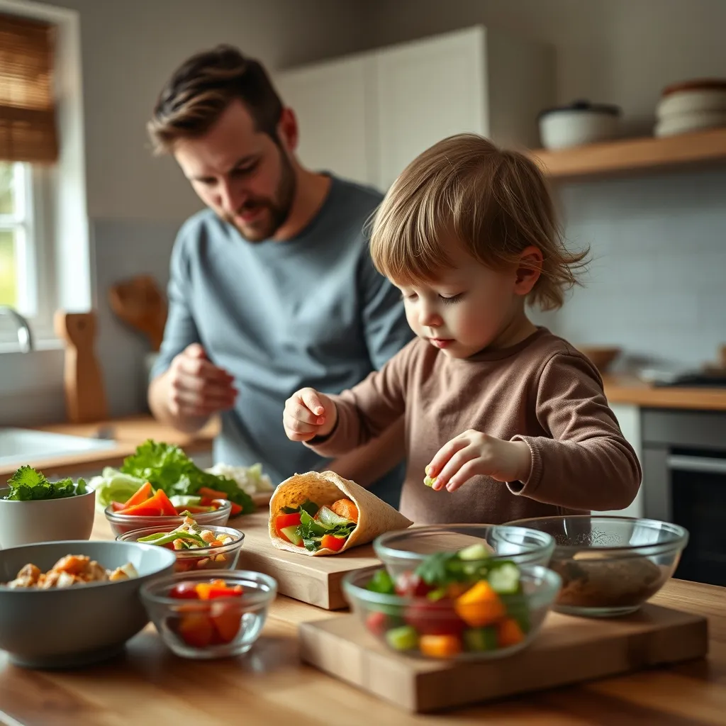 A parent and child preparing a hummus and vegetable wrap together in the kitchen