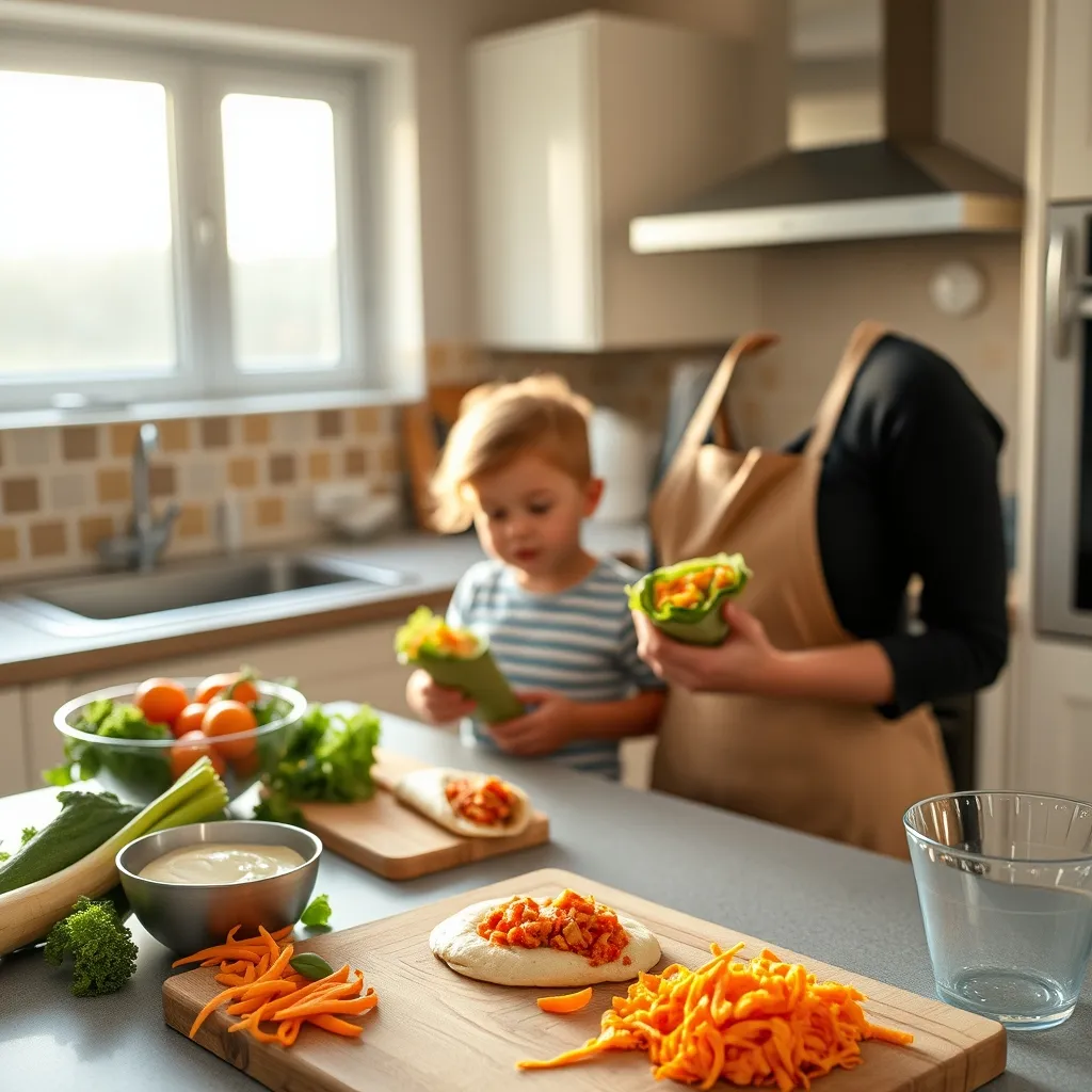 Preparing veggie wraps together makes lunchtime fun for children