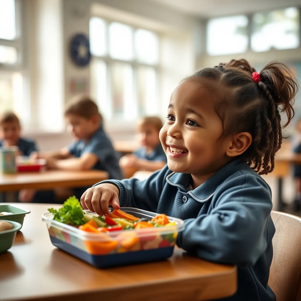 A child enjoying a veggie packed lunch at school with friends
