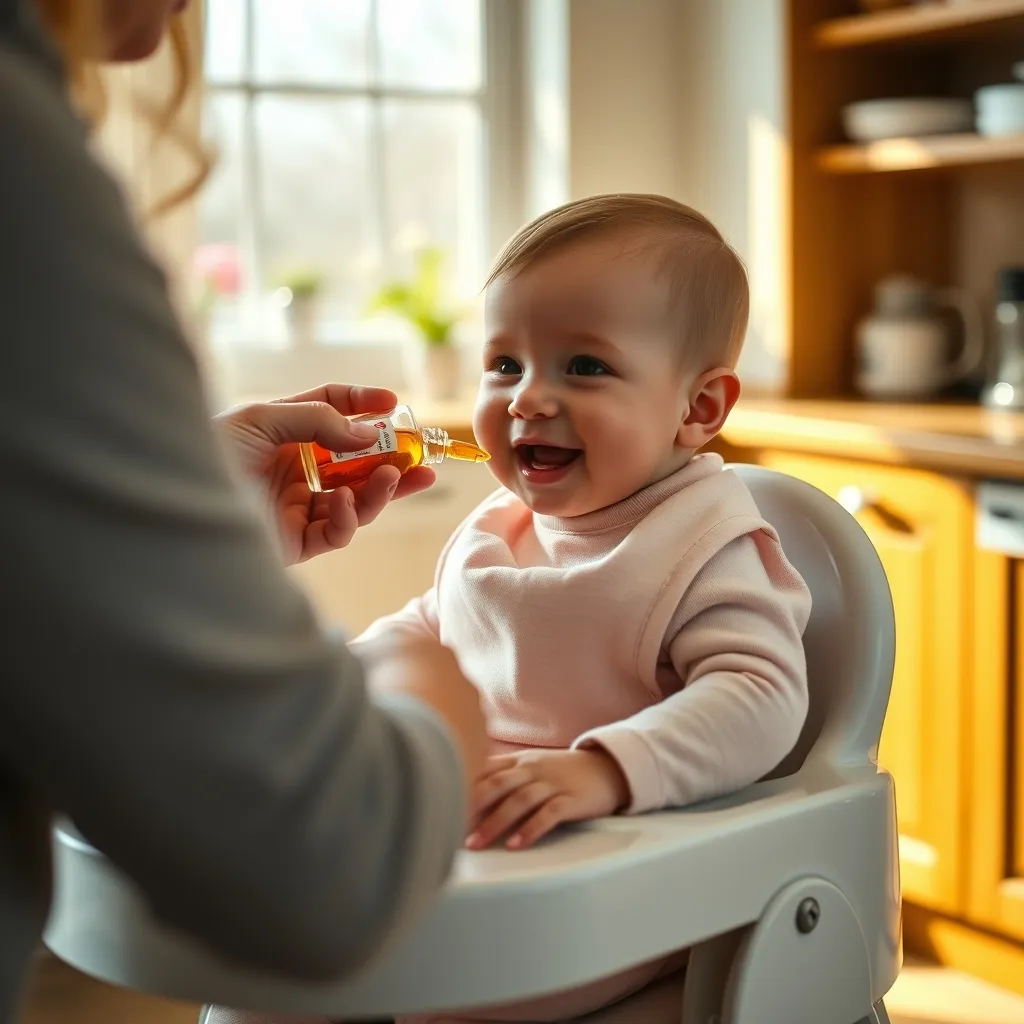 A parent administering daily vitamin D drops to a baby during a morning feeding routine