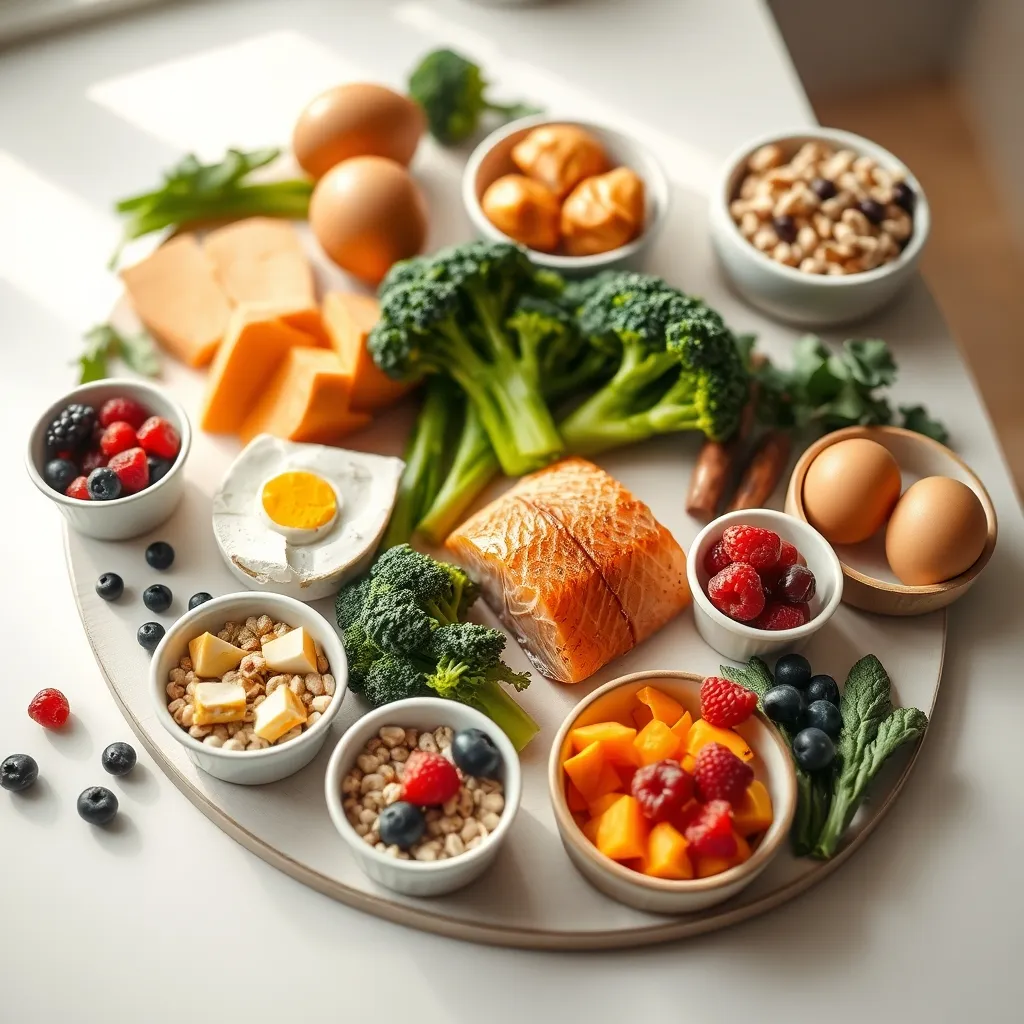 A variety of vitamin-rich foods recommended for children including oily fish, vegetables, eggs and fruit