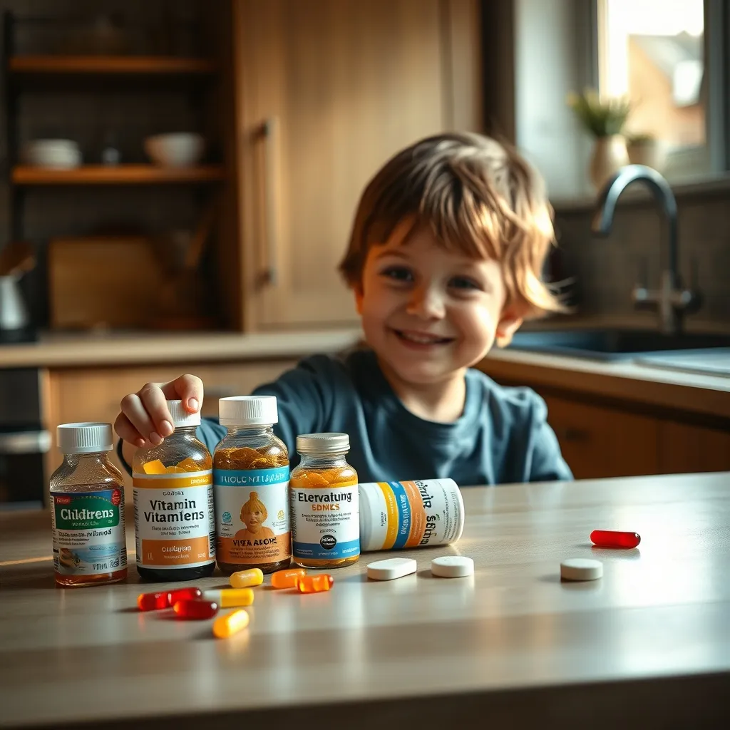 Different forms of children's vitamin supplements including liquid drops, gummies and chewable tablets