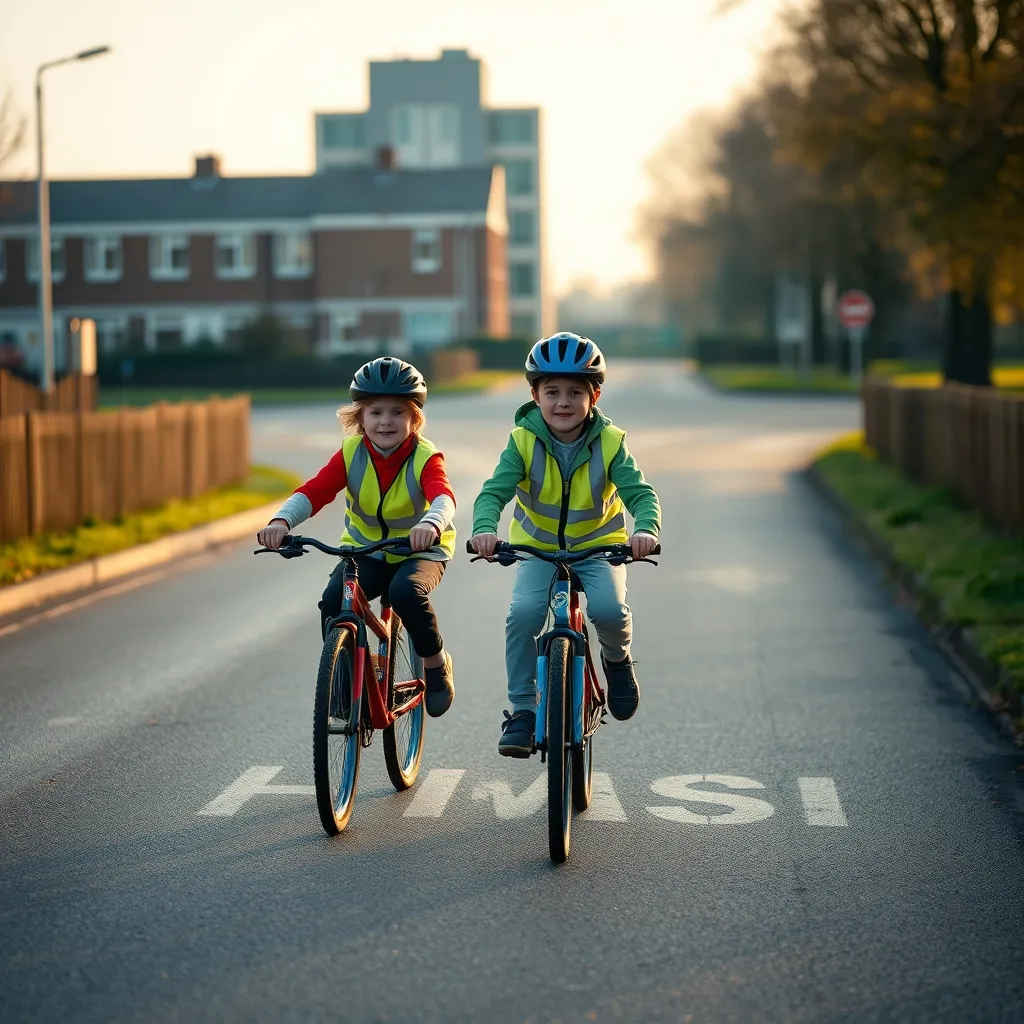 Children cycling to school along a dedicated cycle lane wearing helmets and high-visibility clothing