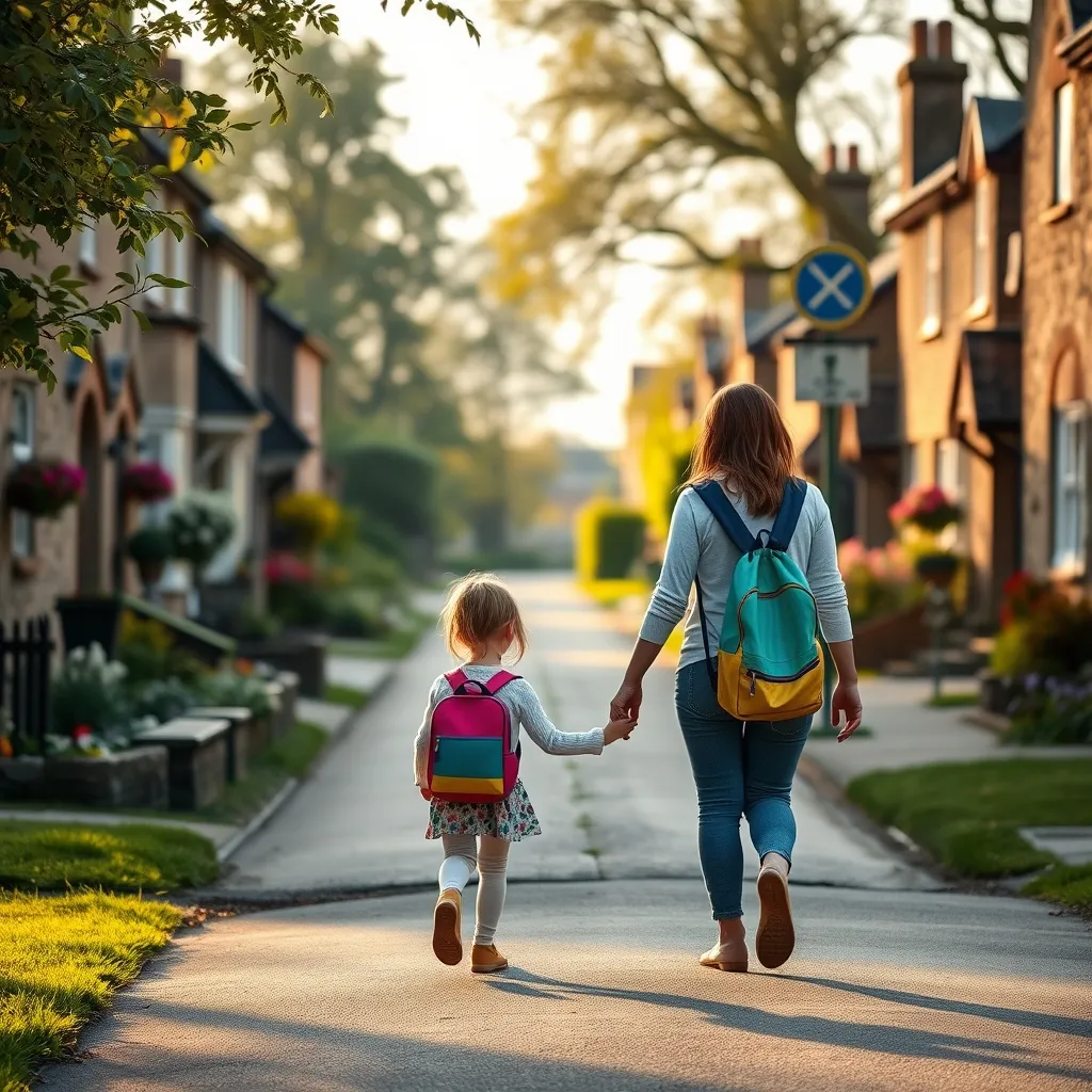 A parent and child walking to school together along a safe pavement in a leafy village