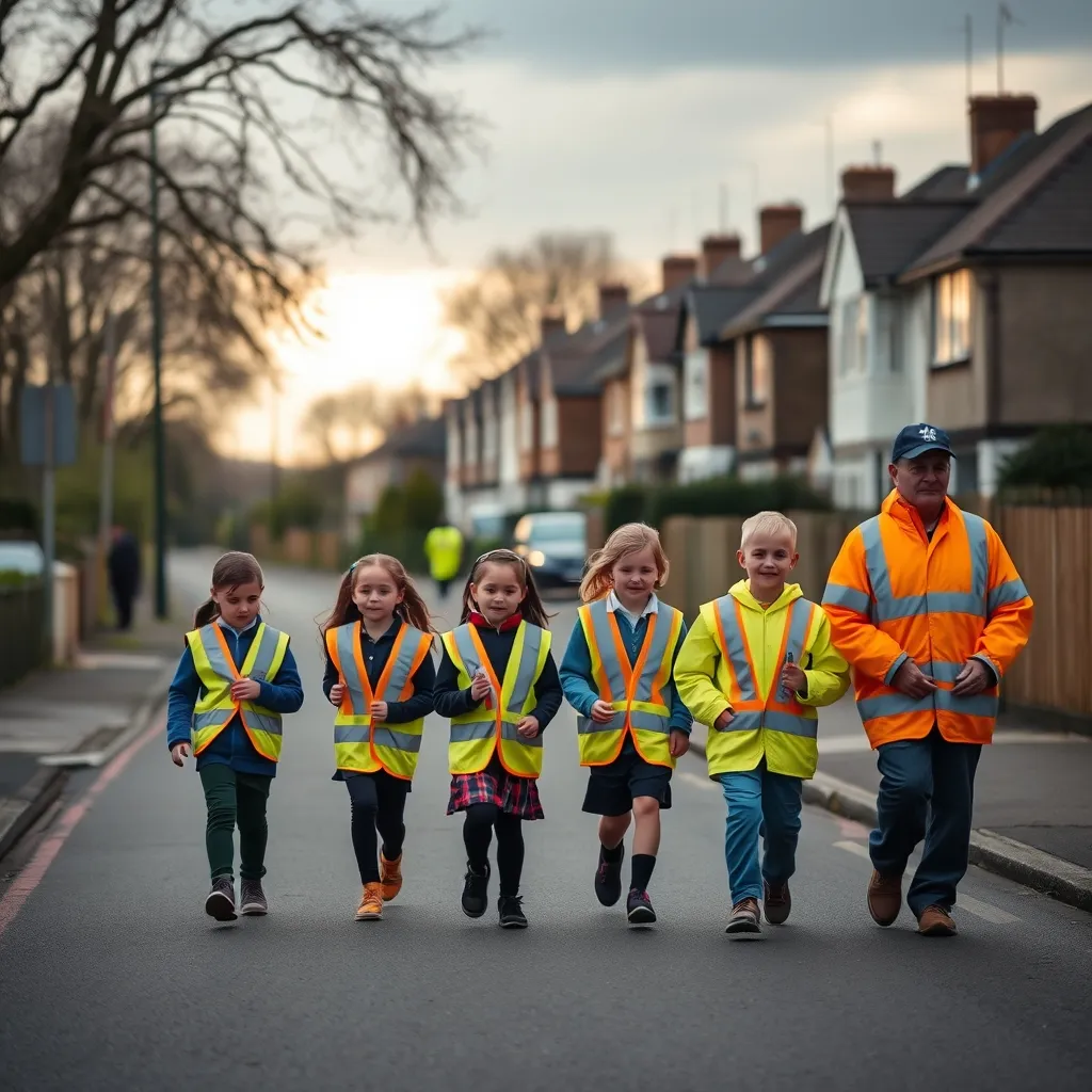 A walking bus group of schoolchildren and parent volunteers making their way to school together