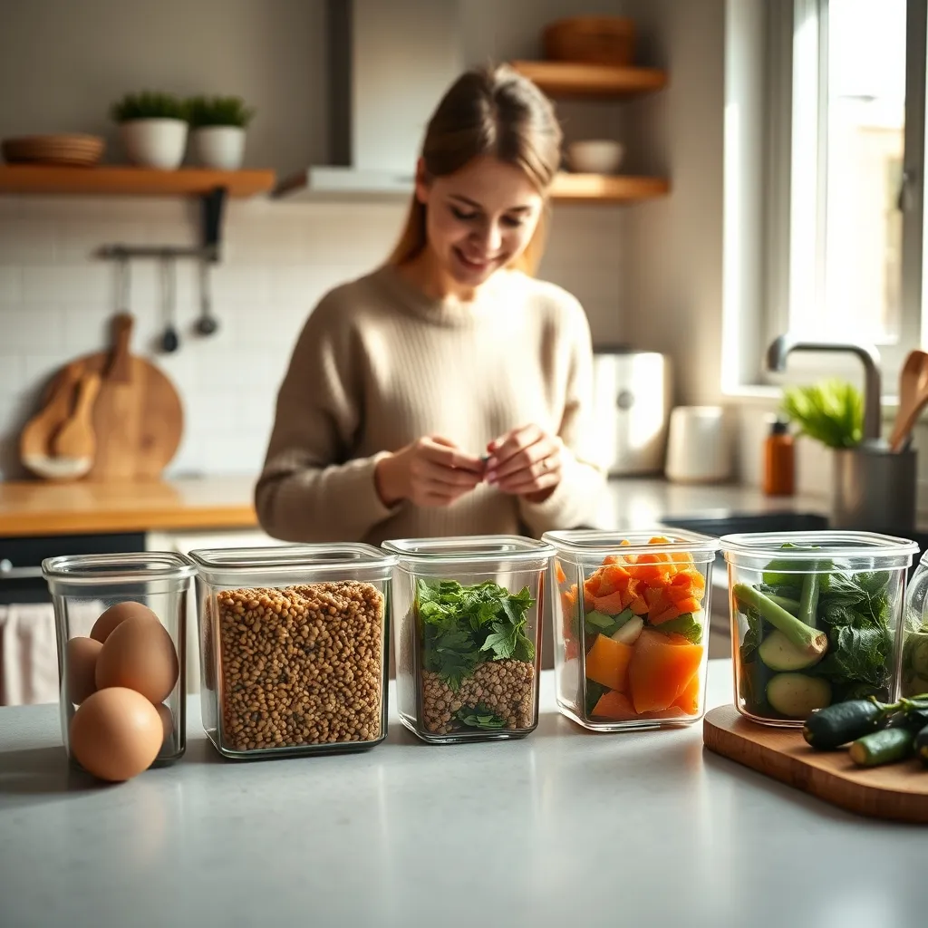 Weekly meal preparation in progress with portioned containers of protein and vegetables