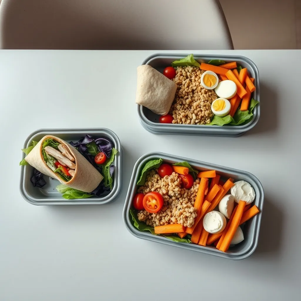 Three different calorie-controlled packed lunch options showing variety and balance