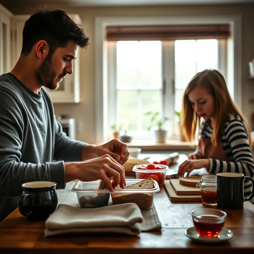 A parent and teenager preparing healthy packed lunches together at home