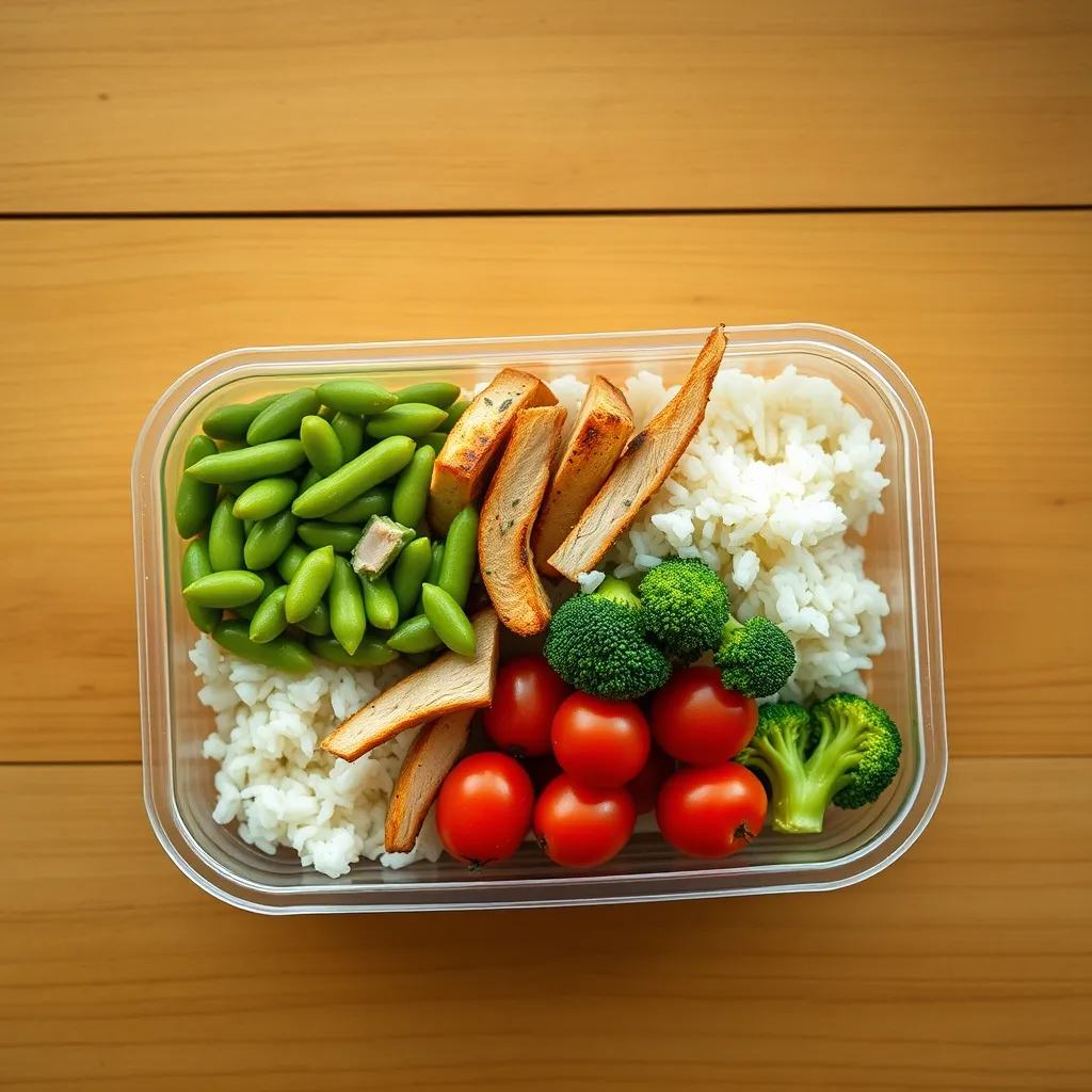A well-balanced rice lunch box with protein, vegetables, and wholegrains