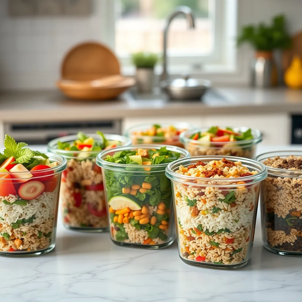 Batch-prepared rice meals stored in glass containers ready for the week